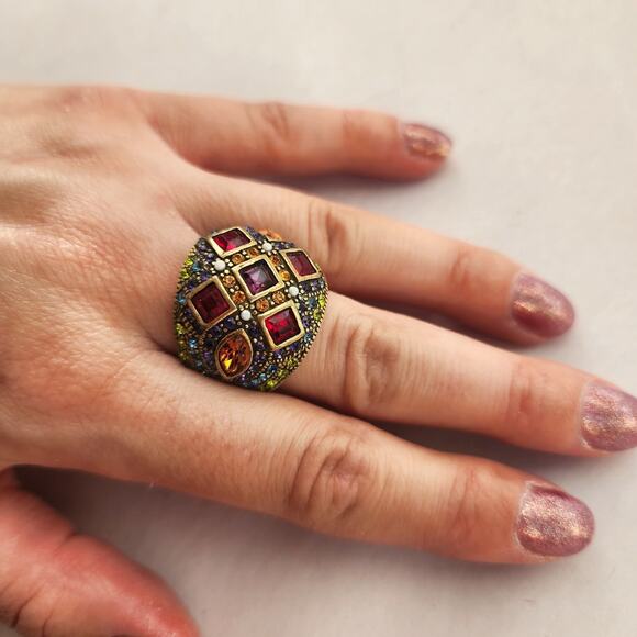 Heidi Daus Cocktail Ring Ornate Bombay Red Multi Crystal Bronze Size 8 - Picture 2 of 11